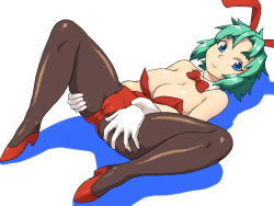 Rule 34 | 1girl, animal ears, blue eyes, borrowed character, bow, bowtie, breasts, cameltoe, cleavage, detached collar, fake animal ears, gloves, green hair, inubouzaki ayako, large breasts, leotard, looking at viewer, original, pantyhose, playboy bunny, rabbit ears, red footwear, shoes, short hair, solo, spread legs, tsukudani (coke-buta), white gloves
