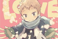 Rule 34 | 1boy, brown hair, child, fingerless gloves, gloves, grey scarf, heart, looking at viewer, male focus, original, pocchipocchi, scarf, short hair, smile, solo, upper body, winter clothes