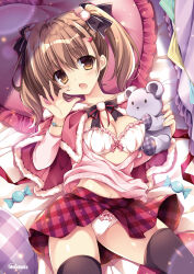 1girl black_ribbon black_thighhighs bow bow_bra bow_panties bra bracelet breasts brown_eyes brown_hair cameltoe candy capelet clothes_pull fellatio_gesture food frilled_bra frilled_pillow frills from_above fur-trimmed_capelet fur_trim hair_ribbon highres holding holding_stuffed_toy jewelry looking_at_viewer lying medium_breasts medium_hair miniskirt nanaroba_hana navel on_back on_bed open_mouth original panties pillow pink_shirt plaid_clothes plaid_skirt pleated_skirt popsicle red_capelet red_skirt ribbon shirt shirt_pull skirt solo stuffed_toy thighhighs underwear watermelon_bar white_bra white_panties