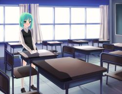Rule 34 | 1girl, blush, braid, breasts, classroom, curtains, desk, green eyes, green hair, hitsukuya, holding, indoors, letter, loafers, long sleeves, love letter, open mouth, original, school uniform, shoes, short hair, small breasts, solo, standing, white legwear, window
