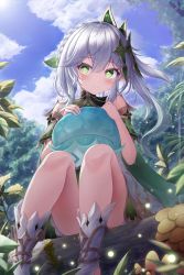 Rule 34 | 1girl, absurdres, bare legs, blue sky, braid, closed mouth, cloud, colored tips, day, detached sleeves, dress, feet out of frame, floating hair, fungi (genshin impact), genshin impact, gradient hair, green eyes, green hair, hair between eyes, hair ornament, highres, ichizon, in tree, knees up, leaf, leaf hair ornament, looking at viewer, multicolored hair, nahida (genshin impact), nature, outdoors, plant, pointy ears, side ponytail, sidelocks, sitting, sitting in tree, sky, socks, solo, symbol-shaped pupils, thighs, tree, white dress, white hair, white socks