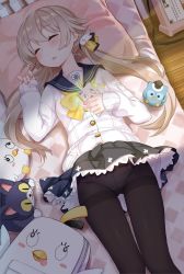 Rule 34 | 1girl, bag, bed, blue archive, breasts, buruma, cellphone, doll, gun, hifumi (blue archive), highres, kinuta rishi, light brown hair, long hair, low twintails, open mouth, panties, pantyhose, peroro (blue archive), phone, school uniform, sleeping, small breasts, solo, twintails, underwear, weapon