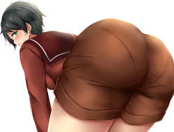 Rule 34 | 10s, 1girl, ass, belt, bent over, black hair, blush, breasts, embarrassed, female focus, green eyes, huge ass, kantai collection, leaning forward, looking at viewer, looking back, matching hair/eyes, medium breasts, mogami (kancolle), open mouth, pantylines, school uniform, short hair, shorts, solo, terakoya, wide hips
