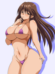 Rule 34 | 00s, 1girl, bikini, blue background, blush, breasts, brown eyes, brown hair, cleavage, finger to mouth, gluteal fold, highres, huge breasts, ichigo 100 percent, inabakun00, kitaooji satsuki, long hair, looking at viewer, matching hair/eyes, micro bikini, navel, parted lips, purple bikini, silhouette, simple background, smile, solo, standing, swimsuit, wide hips