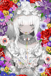 Rule 34 | 1girl, absurdres, blue flower, blue pansy, bonnet, bow, clematis (flower), dress, flower, grey eyes, highres, kotarou (kot mochi), long hair, long sleeves, looking at viewer, original, pansy, parted lips, purple flower, purple pansy, red flower, solo, white bow, white dress, white hair, yellow flower, yellow pansy