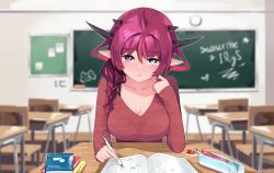 Rule 34 | 1girl, absurdres, alternate costume, blue eyes, book, bra strap, chalkboard, character name, classroom, collarbone, commentary, desk, english commentary, eraser, heterochromia, highres, holding, holding pen, hololive, hololive english, horns, irys (hololive), looking at viewer, mr. squeaks (hakos baelz), namiorii, notebook, open book, pen, pointy ears, purple eyes, purple hair, red sweater, solo, sweater, virtual youtuber