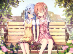 Rule 34 | 2girls, :o, arms at sides, bench, blue eyes, blue hair, blurry, blush, brown hair, closed eyes, day, depth of field, dress, fence, flower, forehead-to-forehead, gochuumon wa usagi desu ka?, hair ornament, hairclip, half-timbered, heads together, highres, holding hands, hoto cocoa, kafuu chino, long hair, looking at another, missile228, multiple girls, orange hair, outdoors, park, park bench, pink dress, polka dot, polka dot dress, puffy short sleeves, puffy sleeves, short hair, short sleeves, side-by-side, sitting, sleeveless, sleeveless dress, town, x hair ornament, yellow dress