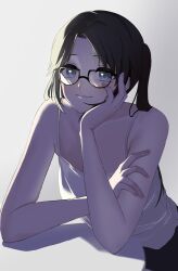 Rule 34 | 0923 azu, 1girl, bare shoulders, black-framed eyewear, black hair, blue eyes, camisole, collarbone, glasses, hand on own cheek, hand on own face, highres, idolmaster, idolmaster shiny colors, light smile, long hair, looking at viewer, mitsumine yuika, simple background, solo, twintails, white camisole