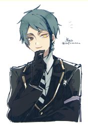 Rule 34 | 1boy, black gloves, black hair, black jacket, brown eyes, closed mouth, collared shirt, cropped torso, diagonal-striped clothes, diagonal-striped necktie, diagonal-striped neckwear, eating, glint, gloves, green hair, hand up, heterochromia, highres, jacket, jade leech, long sleeves, looking at viewer, male focus, multicolored hair, necktie, parted bangs, shirt, sidelocks, signature, simple background, smile, sofra, solo, streaked hair, striped clothes, striped necktie, striped neckwear, twisted wonderland, twitter username, upper body, white background, white shirt, yellow eyes