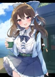 Rule 34 | 1girl, absurdres, alternate costume, backpack, bag, belt, blue bow, blue cardigan, blue skirt, blush, bow, brown eyes, brown hair, cardigan, cloud, cloudy sky, coffee cup, collared shirt, cowboy shot, cup, day, disposable cup, frilled shirt collar, frilled skirt, frills, green belt, hair between eyes, hair bow, hair tubes, hakurei reimu, highres, holding, holding cup, karasusou nano, long hair, open cardigan, open clothes, open mouth, orb, outdoors, pleated skirt, shirt, sidelocks, skirt, sky, smile, solo, touhou, white shirt, yin yang, yin yang orb