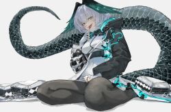 Rule 34 | 1girl, absurdres, arknights, black pantyhose, blood, blood from mouth, blush, breasts, coat, dress, fangs, feathered wings, fingerless gloves, fingernails, gloves, green eyes, grey hair, highres, ho&#039;olheyak (arknights), large breasts, licking blood, long sleeves, looking at viewer, looking down, monmon (sleepymonmon), open clothes, open coat, open mouth, pantyhose, seiza, sharp fingernails, short hair, sitting, slit pupils, snake, snake tail, solo, tail, thighhighs, white background, white dress, white gloves, wings
