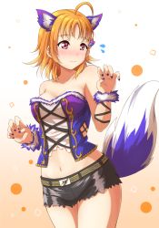 Rule 34 | adapted costume, ahoge, animal ears, bare arms, bare shoulders, black nails, black shorts, blush, breasts, claw pose, cleavage, collarbone, cowboy shot, cross-laced clothes, cross-laced top, embarrassed, fur cuffs, fur trim, gradient background, hair ornament, looking to the side, love live!, love live! school idol festival all stars, love live! sunshine!!, midriff, nail polish, navel, orange background, orange hair, qy73, red eyes, short hair, short shorts, shorts, solo, stomach, strapless, tail, takami chika, tareme, wolf ears, wolf tail