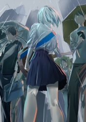 Rule 34 | 2boys, 2girls, acoustic guitar, bag, black jacket, black pants, blue necktie, blue skirt, bob cut, briefcase, building, cellphone, city, cityscape, clenched hand, commentary, crowd, dress shirt, english commentary, facing away, floating hair, fog, formal, from behind, from below, garapii, grey sky, guitar, highres, holding, holding bag, holding instrument, holding phone, holding umbrella, instrument, jacket, long sleeves, looking ahead, looking at phone, looking to the side, mixed-language commentary, multiple boys, multiple girls, necktie, original, outdoors, overcast, pants, phone, pleated skirt, rain, school uniform, shirt, short hair, skirt, sky, skyscraper, smartphone, solo focus, standing, suit, suit jacket, umbrella, wet, white hair, white shirt, wind