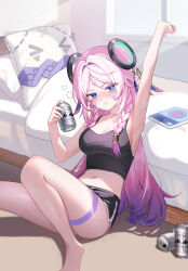 1girl absurdres alternate_costume arm_up armpits bare_shoulders black_shorts black_tank_top blue_eyes blush braid breasts can citlali_(genshin_impact) closed_mouth crop_top facial_mark forehead_mark genshin_impact hair_ornament hand_up highres holding holding_can indoors long_hair looking_at_viewer midriff momyong multicolored_hair navel pink_hair pink_pupils pout shorts solo tank_top triangle triangle_facial_mark twin_braids