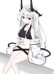 Rule 34 | 1girl, absurdres, arknights, black choker, black sports bra, breasts, choker, demon horns, expressionless, feet out of frame, grey hair, hair between eyes, highres, horns, jacket, long hair, looking at viewer, material growth, medium breasts, mudrock (arknights), navel, no pants, off shoulder, open clothes, open jacket, oripathy lesion (arknights), pointy ears, red eyes, solo, sports bra, touko (toko12 tooko), very long hair, white jacket