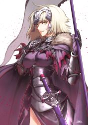 Rule 34 | 1girl, ahoge, armor, armored dress, banner, breasts, breasts apart, chain, cowboy shot, dress, fate/grand order, fate (series), highres, holding, holding weapon, itaco, jeanne d&#039;arc (fate), jeanne d&#039;arc alter (avenger) (fate), jeanne d&#039;arc alter (avenger) (first ascension) (fate), jeanne d&#039;arc alter (fate), large breasts, long hair, parted lips, purple dress, sheath, sheathed, signature, silver hair, smile, solo, standing, sword, weapon, yellow eyes