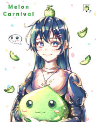 Rule 34 | 1girl, :3, black dress, blue eyes, blush, bright pupils, closed mouth, commentary request, confetti, cross, cross necklace, dalcom (ragnarok online), dress, emoticon, food, food on head, fruit, fruit on head, green hair, habit, highres, holding, jewelry, juliet sleeves, long hair, long sleeves, looking to the side, melon, melon slice, nanaya (shohei77), necklace, object on head, priest (ragnarok online), puffy sleeves, ragnarok online, slime (creature), smile, upper body, white background, white pupils