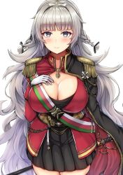 Rule 34 | azur lane, black dress, blunt bangs, blush, breasts, buran (22x), cape, cleavage, closed mouth, corset, dress, epaulettes, from above, gloves, gold trim, grey eyes, hand on own chest, high collar, highres, jacket, large breasts, long hair, long sleeves, looking at viewer, medallion, messy hair, pleated dress, red jacket, saber (weapon), sheath, sheathed, sidelocks, simple background, smile, solo, standing, sword, very long hair, vittorio veneto (azur lane), weapon, white background, white gloves