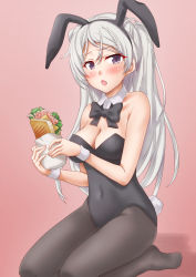Rule 34 | 1girl, animal ears, anti (untea9), black leotard, black pantyhose, blush, breasts, brown eyes, cleavage, conte di cavour (kancolle), detached collar, fake animal ears, fake tail, food, grey hair, highres, holding, holding food, kantai collection, large breasts, leotard, long hair, open mouth, pantyhose, playboy bunny, rabbit ears, rabbit tail, sandwich, solo, strapless, strapless leotard, tail, wrist cuffs