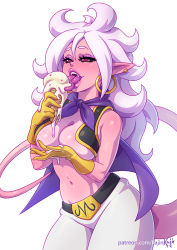 Rule 34 | 1girl, android 21, belt buckle, black sclera, breasts, buckle, cape, cleavage, colored sclera, colored skin, commentary, deep skin, dragon ball, dragon ball fighterz, earrings, english commentary, eyeshadow, fangs, hair between eyes, harem pants, hoop earrings, ice cream cone, jewelry, kajin (kajinman), large breasts, licking, lips, long hair, majin android 21, makeup, no bra, open mouth, pants, pink eyes, pink skin, pointy ears, prehensile tail, purple hair, sleeveless, solo, tail, tongue, tongue out, vest, white background