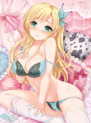 Rule 34 | 10s, 1girl, bare shoulders, blonde hair, blue panties, blush, boku wa tomodachi ga sukunai, bow, bra, breasts, butterfly hair ornament, cleavage, condom, condom packet strip, condom wrapper, embarrassed, frilled pillow, frills, from side, green eyes, groin, hair ornament, indoors, kashiwazaki sena, lace, lace-trimmed legwear, lace trim, leaning to the side, lingerie, long hair, medium breasts, nail polish, off shoulder, paint musume, panties, parted bangs, pillow, sitting, skindentation, socks, solo, spread legs, strap slip, tears, thighhighs, underwear, underwear only, white socks, white thighhighs