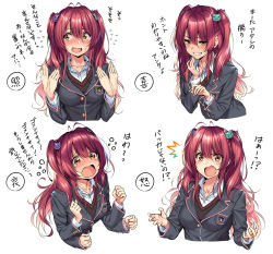 Rule 34 | 1girl, antenna hair, blush, breasts, cat hair ornament, expression chart, expressions, fanning self, hair ornament, hanikami kanojo, highres, long hair, medium breasts, multiple views, original, piromizu, red hair, school uniform, simple background, smile, smug, surprised, sweat, tearing up, translated, twintails, white background