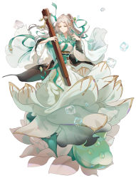 Rule 34 | 1girl, bow, dress, flower, fre (haochilanzuo), gold trim, green bow, green dress, green eyes, green ribbon, hair flower, hair ornament, hands up, highres, holding, ice, ice cube, instrument, leaf, multicolored clothes, multicolored dress, original, parted bangs, pink flower, ribbon, shamisen, simple background, smile, solo, standing, white background, white dress, white flower, white hair