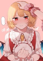 Rule 34 | ..., 2girls, :|, ascot, blonde hair, blush, closed mouth, collar, collared shirt, commentary request, crystal, embarrassed, eyelashes, fingernails, flandre scarlet, frilled collar, frills, hand on another&#039;s head, hat, unworn hat, headpat, unworn headwear, highres, holding, holding clothes, holding hat, laspberry., multiple girls, pink background, pov, puffy short sleeves, puffy sleeves, red eyes, red ribbon, red vest, remilia scarlet, ribbon, ribbon trim, shirt, short hair, short sleeves, siblings, simple background, sisters, spoken ellipsis, standing, sweatdrop, touhou, vest, white headwear, white shirt, wing collar, wings, wrist cuffs, yellow ascot