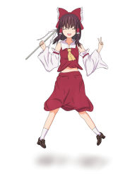 Rule 34 | 1girl, arms up, bare shoulders, bow, brown footwear, brown hair, closed eyes, collar, detached sleeves, gohei, hair between eyes, hair tubes, hakurei reimu, hands up, highres, jumping, long sleeves, open mouth, red bow, red skirt, red vest, shoes, simple background, skirt, smile, socks, solo, touhou, vest, white background, white collar, white socks, yellow neckwear