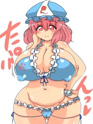Rule 34 | 1girl, belly, bikini, blue bikini, blush, breasts, cameltoe, cleavage, covered erect nipples, fat, hand on own hip, huge breasts, long hair, looking at viewer, md5 mismatch, navel, no-biru, pink eyes, pink hair, plump, saigyouji yuyuko, simple background, skindentation, smile, solo, standing, swimsuit, text focus, thick thighs, thighs, touhou, translation request, white background, wide hips