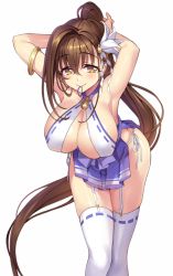 Rule 34 | 1girl, armlet, armpits, arms up, asymmetrical bangs, bent over, blush, breasts, brown eyes, brown hair, cleavage, closed mouth, flower, full body, garter straps, hair between eyes, hair flower, hair ornament, hakama, hakama short skirt, hakama skirt, halterneck, hanging breasts, high heels, highres, japanese clothes, kanpani girls, large breasts, legs, long hair, looking at viewer, mole, mole under eye, mouth hold, panties, pleated skirt, ribbon-trimmed thighhighs, ribbon trim, senri gan, shirayuri sakura, side-tie panties, side slit, simple background, skirt, smile, solo, string panties, thighhighs, tying hair, underwear, very long hair, white background, white thighhighs