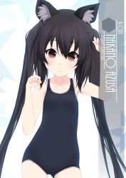 Rule 34 | 1girl, animal ear fluff, animal ears, artist name, black hair, black one-piece swimsuit, brown eyes, cat ears, character name, collarbone, cowboy shot, eyes visible through hair, flat chest, hair between eyes, highres, inaba shiki, k-on!, long hair, looking at viewer, nakano azusa, new school swimsuit, one-hour drawing challenge, one-piece swimsuit, paw pose, school swimsuit, school uniform, simple background, solo, standing, star (symbol), starry background, swimsuit, twintails, white background