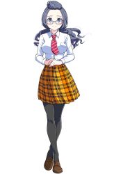 Rule 34 | 1girl, black hair, black pantyhose, brown footwear, collared shirt, full body, loafers, long hair, looking at viewer, magicami, miniskirt, necktie, non-web source, official art, okada marianne, orange skirt, own hands together, pantyhose, photoshop (medium), plaid, plaid skirt, pleated skirt, rectangular eyewear, school uniform, shirt, shirt tucked in, shoes, simple background, skirt, smile, solo, standing, striped necktie, white background, white shirt