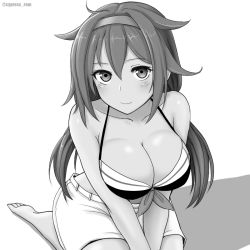 Rule 34 | 1girl, bikini, breasts, cleavage, collarbone, cypress, from above, front-tie bikini top, front-tie top, greyscale, hair between eyes, hair flaps, hairband, kantai collection, large breasts, long hair, monochrome, shiratsuyu (kancolle), shiratsuyu kai ni (kancolle), shorts, sitting, smile, solo, swimsuit, twitter username, wariza