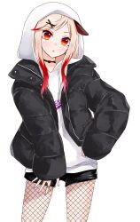 Rule 34 | 1girl, absurdres, animal ears, black coat, black shorts, blonde hair, blush, chukachuka, coat, commentary request, cowboy shot, dog ears, dog girl, expressionless, fishnet pantyhose, fishnets, gradient hair, hair ornament, highres, hood, hood up, hoodie, long hair, long sleeves, looking at viewer, medium bangs, multicolored hair, nanashi inc., open clothes, open coat, open mouth, pantyhose, puffy coat, red eyes, red hair, seshima rui, shorts, sidelocks, simple background, solo, swept bangs, transparent background, white hoodie, x hair ornament