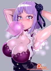 Rule 34 | 10s, 1girl, armpits, arms behind head, arms up, black bra, blush, bra, breasts, cavalry (maslow), cleavage, condom, condom in mouth, dagashi kashi, female focus, freckles, highres, lace, lace-trimmed bra, lace trim, large breasts, looking at viewer, mouth hold, open clothes, open shirt, purple hair, shidare hotaru, shirt, solo, sweat, tears, underwear