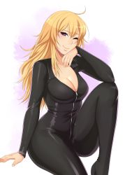 Rule 34 | 1girl, ahoge, alternate costume, amanda evelyn earl, blonde hair, blush, bodysuit, breasts, cleavage, commentary, hand on own face, highres, large breasts, latex, long hair, long sleeves, looking at viewer, one eye closed, purple eyes, rwby, simple background, smile, yang xiao long, zipper