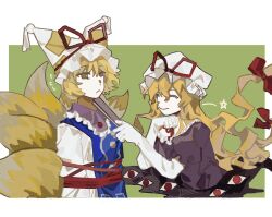 Rule 34 | 2girls, aaayamitsu, animal ears, blonde hair, blue tabard, border, bound, bow, chinese commentary, clenched hand, closed eyes, closed mouth, collar, commentary request, dress, elbow gloves, extra eyes, flying sweatdrops, folding fan, fox ears, fox tail, frilled collar, frilled dress, frilled headwear, frills, frown, gap (touhou), gloves, green bag, hair bow, hand fan, hand on own chin, hat, hat ribbon, highres, holding, holding fan, long hair, long sleeves, mob cap, multiple girls, multiple hair bows, multiple tails, neck ribbon, object to chin, outside border, puffy short sleeves, puffy sleeves, purple collar, purple dress, purple sleeves, red-framed eyewear, red bow, ribbon, short hair, short sleeves, smile, star (symbol), tabard, tail, tassel hat ornament, tied up (nonsexual), touhou, very long hair, white border, white dress, white gloves, white headwear, white sleeves, yakumo ran, yakumo yukari