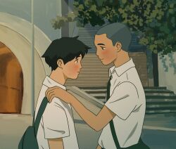 Rule 34 | 2boys, backpack, bag, black eyes, black hair, blush, buzz cut, closed mouth, collared shirt, eye contact, face-to-face, from side, hand on another&#039;s shoulder, highres, lamppost, looking at another, male focus, mohtz, multiple boys, original, outdoors, profile, shirt, short hair, smile, stairs, tree, tunnel, upper body, very short hair, white shirt, yaoi