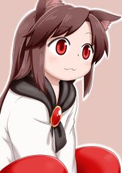 Rule 34 | 1girl, :3, animal ears, blouse, blush, brown background, brown hair, closed mouth, commentary request, imaizumi kagerou, long sleeves, outline, poronegi, red eyes, red skirt, shirt, simple background, sitting, skirt, smile, solo, touhou, white outline, white shirt, wolf ears, aged down