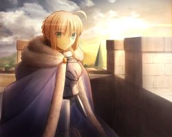 Rule 34 | 1girl, ahoge, armor, armored dress, artoria pendragon (all), artoria pendragon (fate), black eyes, blonde hair, braid, cape, closed mouth, cloud, commentary request, fate/grand order, fate/stay night, fate (series), from side, fur trim, gauntlets, hair between eyes, looking at viewer, looking to the side, medium hair, mountain, saber (fate), shoori (migiha), sidelocks, sky, smile, solo, standing, upper body