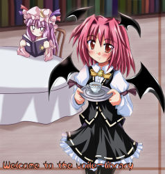 Rule 34 | 2girls, bat wings, black jacket, black legwear, black skirt, black wings, book, bow, chair, crescent, crescent hair ornament, cup, demon girl, embodiment of scarlet devil, english text, female focus, frilled skirt, frills, hair ornament, hat, head wings, hexagram, jacket, koakuma, library, long hair, multiple girls, pantyhose, patchouli knowledge, pink hat, purple hair, red eyes, red hair, ribbon-trimmed clothes, ribbon trim, shirt, short hair, skirt, star of david, table, teacup, touhou, white shirt, wings, yellow bow