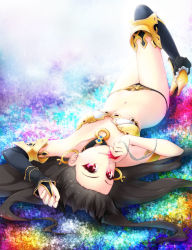 Rule 34 | 1girl, arm up, armlet, asymmetrical gloves, asymmetrical legwear, bare arms, bare legs, bare shoulders, black hair, black panties, black ribbon, black thighhighs, breasts, bridal gauntlets, closed mouth, collar, detached collar, earrings, elbow gloves, fate/grand order, fate (series), female focus, full body, gem, gloves, hair ribbon, hand up, high heels, holding, holding pendant, hoop earrings, ishtar (fate), jewelry, knee up, legs, long hair, looking at viewer, lying, midriff, navel, no crown, on back, panties, pendant, pendant removed, pumps, red eyes, revealing clothes, ribbon, single bridal gauntlet, single elbow glove, single glove, single thighhigh, small breasts, smile, solo, sparkle, strapless, thighhighs, thighlet, tohsaka rin, toyoyuki, two side up, type-moon, underwear, uneven gloves, uneven legwear, upside-down, yellow high heels