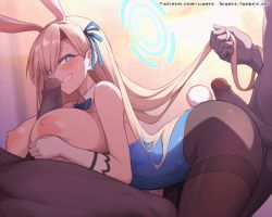 Rule 34 | 1girl, 2boys, animal ears, animated, animated gif, asuna (blue archive), asuna (bunny) (blue archive), blonde hair, blue archive, blue bow, blue bowtie, blue eyes, blue leotard, blue ribbon, blush, bow, bowtie, breasts, brown pantyhose, buttjob, buttjob over clothes, dark-skinned male, dark skin, detached collar, fake animal ears, gloves, grin, hair ribbon, halo, holding another&#039;s hair, huge breasts, interracial, leotard, leotard pull, long hair, multiple boys, nipples, paizuri, pantyhose, penis, playboy bunny, rabbit ears, rabbit tail, ribbon, smile, tail, thighband pantyhose, uncensored, very long hair, waero, white gloves