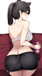 Rule 34 | 1girl, animal ears, ass, atago (azur lane), bare arms, bare shoulders, black hair, black shorts, blush, bra, cat ears, cat tail, closed mouth, commentary, ddangbi, dolphin shorts, english commentary, from behind, highres, legs together, looking at viewer, looking back, medium hair, no shirt, original, ponytail, short shorts, shorts, slit pupils, solo, tail, underwear, white bra, yellow eyes