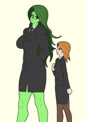 Rule 34 | 2girls, blush, breasts, colored skin, dual persona, formal, franschesco, glasses, green skin, height difference, highres, jennifer walters, large breasts, light smile, long hair, marvel, multiple girls, muscular, muscular female, necktie, pantyhose, she-hulk, simple background, small breasts, standing, suit, sweatdrop