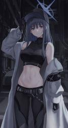 Rule 34 | 1girl, absurdres, arm up, bare shoulders, baseball cap, belt, black gloves, black hair, black hat, black pants, black shirt, blue archive, blue eyes, breasts, crop top, gloves, groin, halo, hand on headwear, hat, highres, jacket, large breasts, long hair, long sleeves, looking at viewer, midriff, muyang, navel, off shoulder, open clothes, open jacket, pants, parted lips, saori (blue archive), shirt, sleeveless, sleeveless shirt, solo, standing, stomach, taut clothes, taut shirt, white jacket