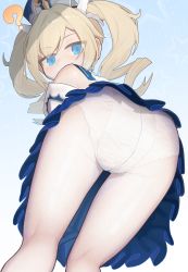 Rule 34 | 1girl, ?, absurdres, akaiha, akazome, ass, barbara (genshin impact), bare shoulders, blonde hair, blue eyes, blue skirt, blush, cameltoe, diaper, dress, drill hair, female focus, from behind, from below, genshin impact, hair ornament, hat, highres, long hair, looking at viewer, looking back, looking down, pantyhose, skirt, solo, twin drills, twintails, underwear, upskirt, white hair, white pantyhose