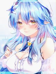 Rule 34 | 1girl, bare shoulders, blue bow, blue bowtie, blue hair, blue nails, blush, bow, bowtie, braid, breasts, cleavage, commentary request, flower, french braid, fur-trimmed jacket, fur trim, hair between eyes, hair flower, hair ornament, harui (hr x9 ), highres, hololive, jacket, long hair, looking at viewer, medium breasts, nail polish, pointy ears, shirt, sidelocks, smile, solo, virtual youtuber, white shirt, yellow eyes, yukihana lamy