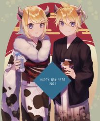 Rule 34 | 1boy, 1girl, 2021, animal ears, animal print, black kimono, blonde hair, blue eyes, bottle, chinese zodiac, commentary, cow ears, cow horns, cow print, cowboy shot, egasumi, fur-trimmed kimono, fur trim, happy new year, highres, holding, holding bottle, holding carton, horns, japanese clothes, kagamine len, kagamine rin, kimono, looking at viewer, milk bottle, milk carton, mipi, new year, open mouth, short hair, short ponytail, smile, spiked hair, vocaloid, white kimono, year of the ox